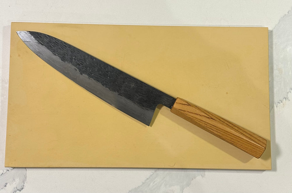 Isamitsu Gyuto Shirogami #1 240mm sanmai stainless clad double beveled zelkova handle